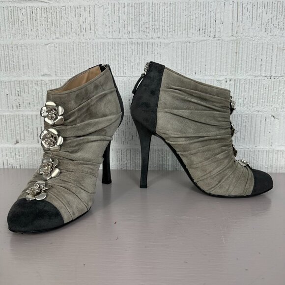 CHANEL Two Tone Suede Ruched Camellia Flower Ankle Booties Boots Grey 6.6/36.5 - Picture 1 of 11
